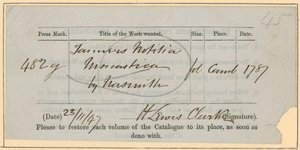 British Museum, Book Order Slip, 23 listopada [18?]47 autorstwa English School