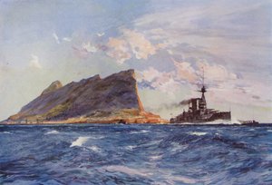 Brytyjski pancernik u wybrzeży Gibraltaru (kolor lito) autorstwa English School
