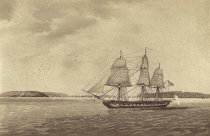 Brytyjska fregata HMS Fisgard, dowodzona przez kapitana Thmasa Byama Martina, podczas rekonesansu u wybrzeży Brestu we Francji (litografia) autorstwa English School