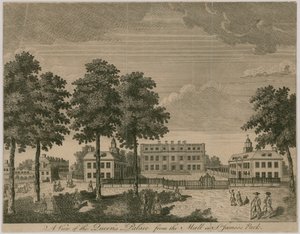 Buckingham House, widok na Pałac Queens z centrum handlowego w St James