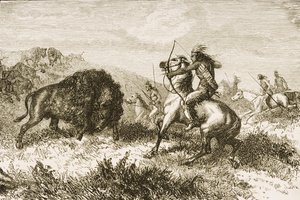 Buffalo Hunting on the Great Plains między St. Louis a Denver, ok. 1870, z „American Pictures”, wydanej przez The Religious Tract Society, 1876 autorstwa English School