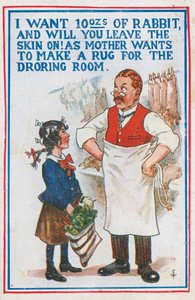 Kupowanie królika u rzeźnika (kolor litho) autorstwa English School