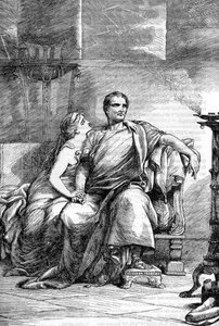 Calpurnia (Calpurnia Pisonis) i Cezar - Jules Cesar - Tragedia Juliusza Cezara - Ilustracja w „” Completes de William Shakespeare”” 1866 - Ilustracje i ogólna forma tego wydania zostały zapożyczone z ilustrowanego przez Cassella Shakespeare, pub autorstwa English School