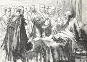Kalwin przemawiający po raz ostatni na soborze, ilustracja z Historii protestantyzmu Jamesa Aitkena Wylie (1808-1890), wyd. 1878 autorstwa English School