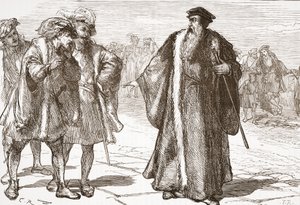 Kalwin znieważony przez libertynów na moście Rodanu, ilustracja z Historii protestantyzmu Jamesa Aitkena Wylie (1808-1890), wyd. 1878 autorstwa English School