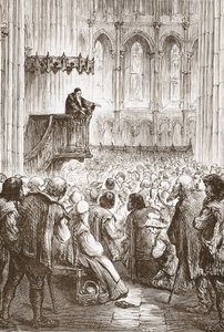 Calvin wygłasza kazanie pożegnalne w oczekiwaniu na wygnanie, ilustracja z Historii protestantyzmu Jamesa Aitkena Wylie (1808-1890), wyd. 1878 autorstwa English School