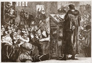 Kalwin zagrożony w kościele w Rive, ilustracja z Historii protestantyzmu Jamesa Aitkena Wylie (1808-1890), wyd. 1878 autorstwa English School