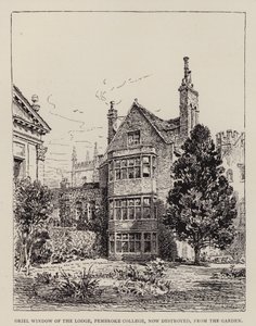 Cambridge: Oriel Window of the Lodge, Pembroke College, obecnie zniszczone, z ogrodu (akwaforta) autorstwa English School