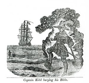Kapitan Kidd zakopuje swoją Biblię, ilustracja z książki „Pirates own Book” Charlesa Elmsa autorstwa English School