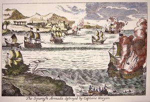 Kapitan Morgan pokonuje hiszpańskie okręty wojenne blokujące ujście jeziora Maracaibo w 1669 (kolorowy grawerunek) autorstwa English School