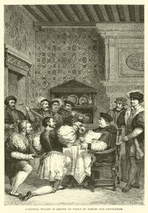 Kardynał Wolsey jest serwowany przy stole przez szlachtę i dżentelmenów autorstwa English School