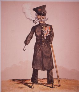Karykatura emeryta Chelsea z Royal Hospital, z filmu „Army and Navy Drolleries” majora Seccombe (kolorowa grawerunek) autorstwa English School