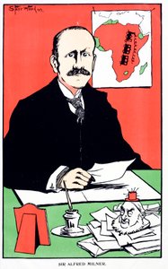 Karykatura Sir Alfreda Milnera, brytyjskiego gubernatora kolonialnego Kolonii Przylądkowej w momencie wybuchu drugiej wojny burskiej autorstwa English School