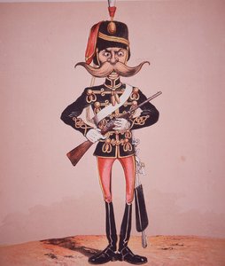 Karykatura wartownika XI Huzarów, z „Drollery armii i marynarki wojennej” majora Seccombe (kolorowa rycina) autorstwa English School