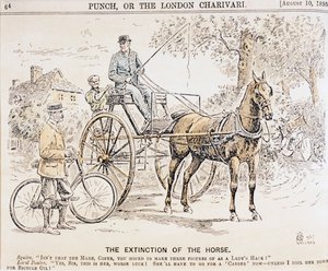 Karykatura o nadejściu rowerów i transportu zmotoryzowanego i związanym z tym zakończeniu ruchu konnego, z magazynu Punch, 10.08.1895 autorstwa English School