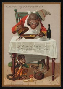 Kreskówka małp i pudding śliwkowy, kartka z życzeniami noworocznymi. (chromolit) autorstwa English School