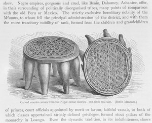 Rzeźbione drewniane taborety z dzielnicy Niger-Benue, z „Historii Ludzkości”, t. III, autorstwa prof. Friedricha Ratzela, 1898 autorstwa English School