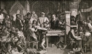 Caxton (ok. 1422-91) pokazujący okazy jego druku królowi Edwardowi IV w Almonry w Westminster, 1858 autorstwa English School