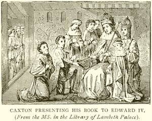Caxton przedstawia swoją książkę Edwardowi IV autorstwa English School