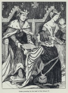 Caxton przedstawia swoją pierwszą książkę królowi Edwardowi IV (lito) autorstwa English School