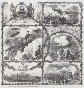 Świętowanie zwycięstw księcia Wellingtona w oblężeniu Seringapatam (1799), klęski pod Dhondia Wagh (1800), bitwy pod Assaye (1803) i bitwy pod Waterloo (1815) (rycina) autorstwa English School