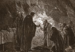 Obchody Wieczerzy Pana przez Kalwina i jego współprotestantów w grocie w Poictiers, ilustracja z Historii protestantyzmu Jamesa Aitkena Wylie (1808-1890), wyd. 1878 autorstwa English School