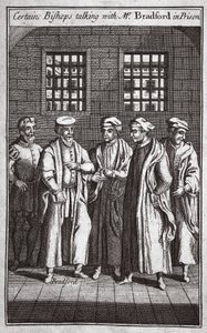 Niektórzy biskupi rozmawiają z panem Bradfordem w więzieniu, ilustracja z Foxes Martyrs c.1703 autorstwa English School