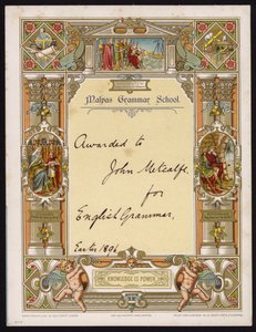 Certyfikat gramatyki języka angielskiego przyznawany uczniowi Malpas Grammar School, Cheshire autorstwa English School