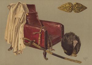 Krzesło i płaszcz feldmarszałka księcia Wellington, z niedźwiedzią skórą i mieczem gwardii grenadierskiej (chromolitho) autorstwa English School