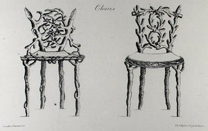 Krzesła, z „Grotesque Architecture, or Rural Amusement”, Williama Wrighte, opublikowane 1768 (rycina) (zdjęcie czarno-białe) autorstwa English School