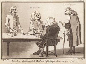 Postacie, które bywały w Buttons Coffee House około roku 1720: dr Arbuthnot, hrabia Viviani autorstwa English School