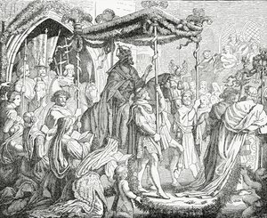 Karol IV, cesarz rzymski, odwiedzając papieża Urbana V w Awinionie w 1365, 1882 r. autorstwa English School