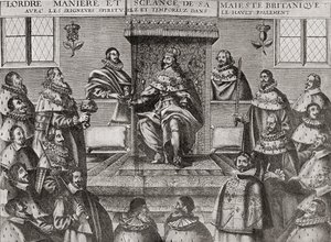 Karol I w Izbie Lordów w 1648 r., z „Krótkiej historii ludu angielskiego” J.R. Greena, opublikowanej w 1893 r. autorstwa English School