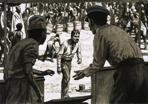 Charles Osborne i kapitan Stott rozłożyli beczki rumu na plaży autorstwa English School