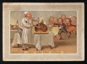 Szef kuchni kroi pudding śliwkowy, kartka z życzeniami świątecznymi. (chromolit) autorstwa English School