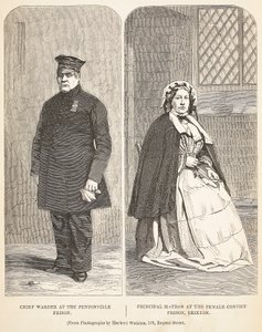 Naczelny Strażnik w więzieniu Pentonville i główna matrona w więzieniu dla kobiet w Brixton, ilustracja z The Criminal Prisons of London i Sceny z życia więziennego autorstwa Henry