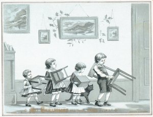 Dzieci niosące krzesełko i taborety, Kartka Świąteczna autorstwa English School