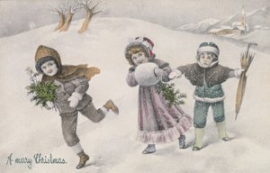 Dzieci na śniegu, wiktoriańska pocztówka (druk) autorstwa English School