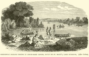 Indianie Chippeway łowią ryby w kajakach z kory brzozowej, Sault de St Marys, Lake Superior autorstwa English School