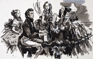 Chopin z wielbicielkami (gwasz na papierze) autorstwa English School