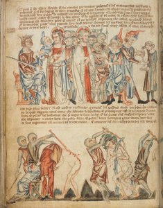 Chrystus przed Herodem i przed Piłatem; Herod myje ręce; biczowanie Chrystusa, Add. 47682, f.30v, c.1320-30 (welin) autorstwa English School
