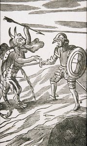 Christian i Apollyon, z 13. wydania „Wędrówki pielgrzyma” Johna Bunyana, 1692 autorstwa English School