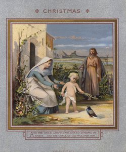 Kartka świąteczna: Jezus bawiący się z gołębicą pod opieką rodziców (chromolitho) autorstwa English School