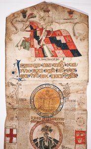 Kronika Historii Świata od Stworzenia do Wodena, z genealogią Edwarda IV (Edward IV Roll), część rozpoczynająca z portretem Edwarda IV na koniu, koło z Bogiem i jeszcze jedna autorstwa English School