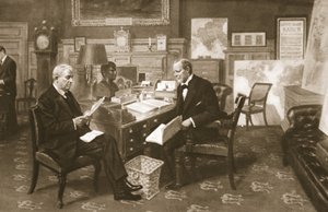Churchill i Fisher przy pracy: Pierwszy Lord w swoim pokoju w Admiralicji z Pierwszym Lordem Morza, z The Illustrated War News, 1915 autorstwa English School