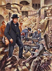 Churchill bada szkody po tym, jak niemiecka bomba zniszczyła część Izby Gmin autorstwa English School