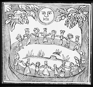 Circle of Witches Dancing Beneath a Full Moon, ilustracja ze zbioru książeczek o ezoteryce autorstwa English School