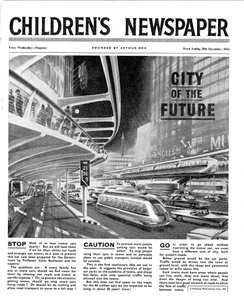 Miasto przyszłości, strona tytułowa „Gazety Dziecięcej”, luty 1963 (druk gazetowy)