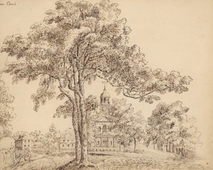 Kościół Clapham, Surrey (tusz na papierze) autorstwa English School