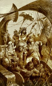 Kleopatra w bitwie pod Akcjum, ilustracja z Ilustrowanej Historii Świata, opublikowana ok. 1880 r. (obraz ulepszony cyfrowo) Kleopatra VII (69-30 p.n.e.), ostatni faraon starożytnego Egiptu; Bitwa autorstwa English School
